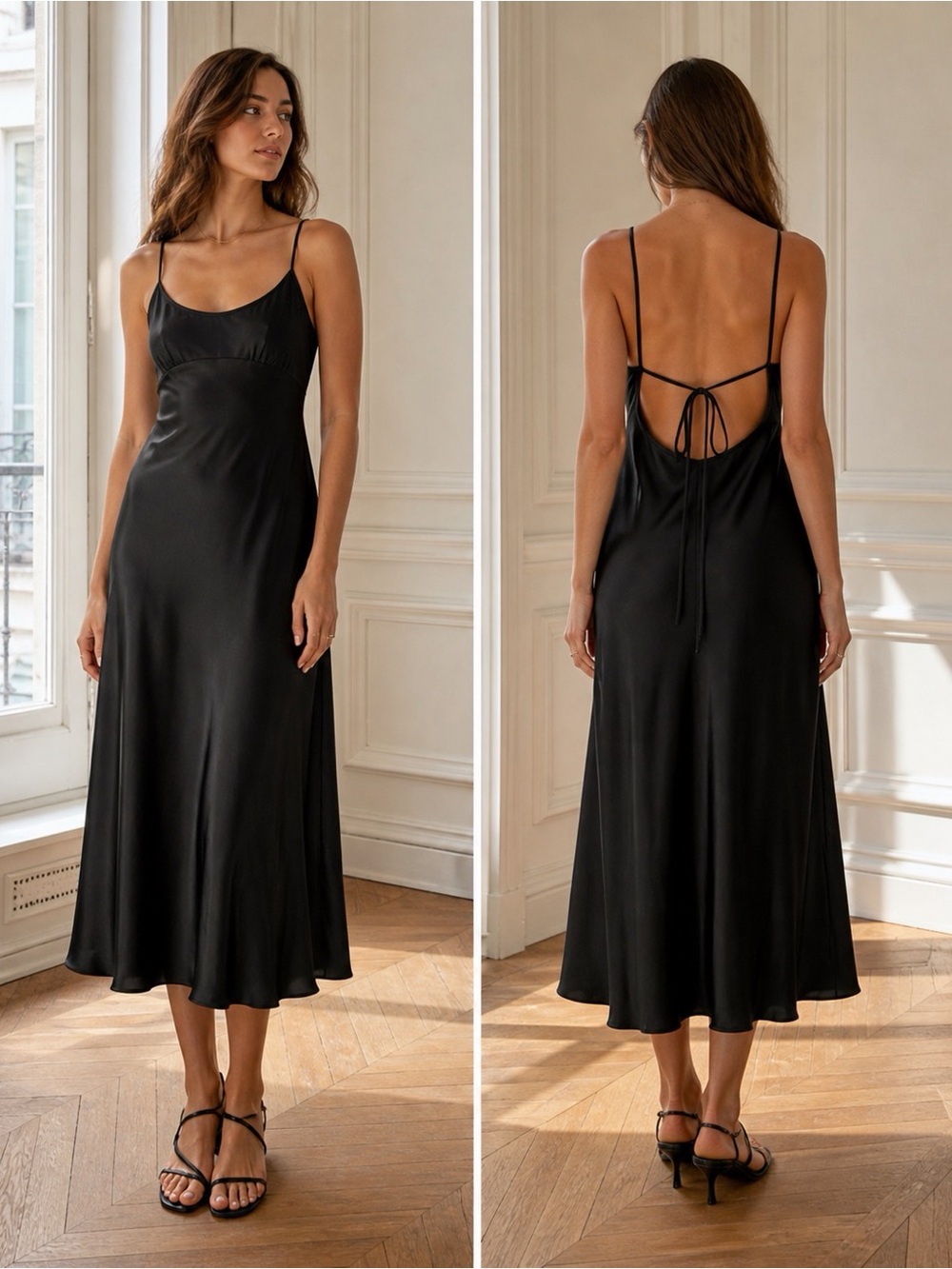 Aritzia Black satin slip midi dress size S open back tie detail